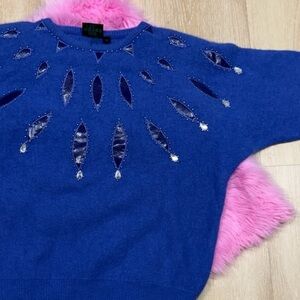 Vintage Blue purple Angora Rabbit Hair Fuzzy Wool Crew Neck Sweater Large